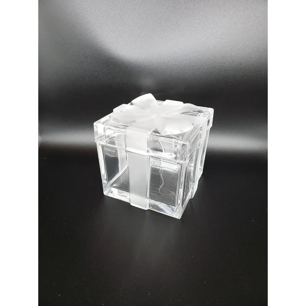 Vintage Crystal Glass Large Trinket Box W/Bow On Top‎ Clear Glass Heavy
